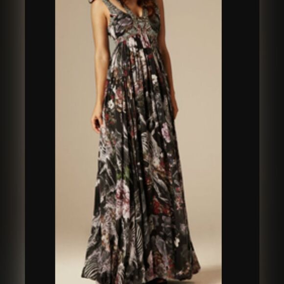 All Saints Retro Cavalry Harness Skeleton Floral Black Silk Maxi Dress Sz 10 - Picture 9 of 9